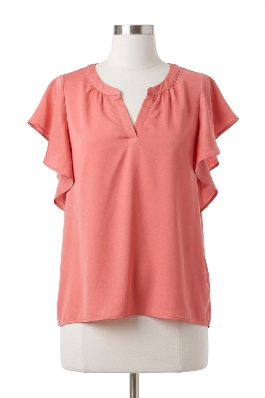 NEW UMGEE satin v-neck short ruffle sleeve top in peach coral